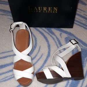 Ralph Lauren White Leather Strappy Wedges